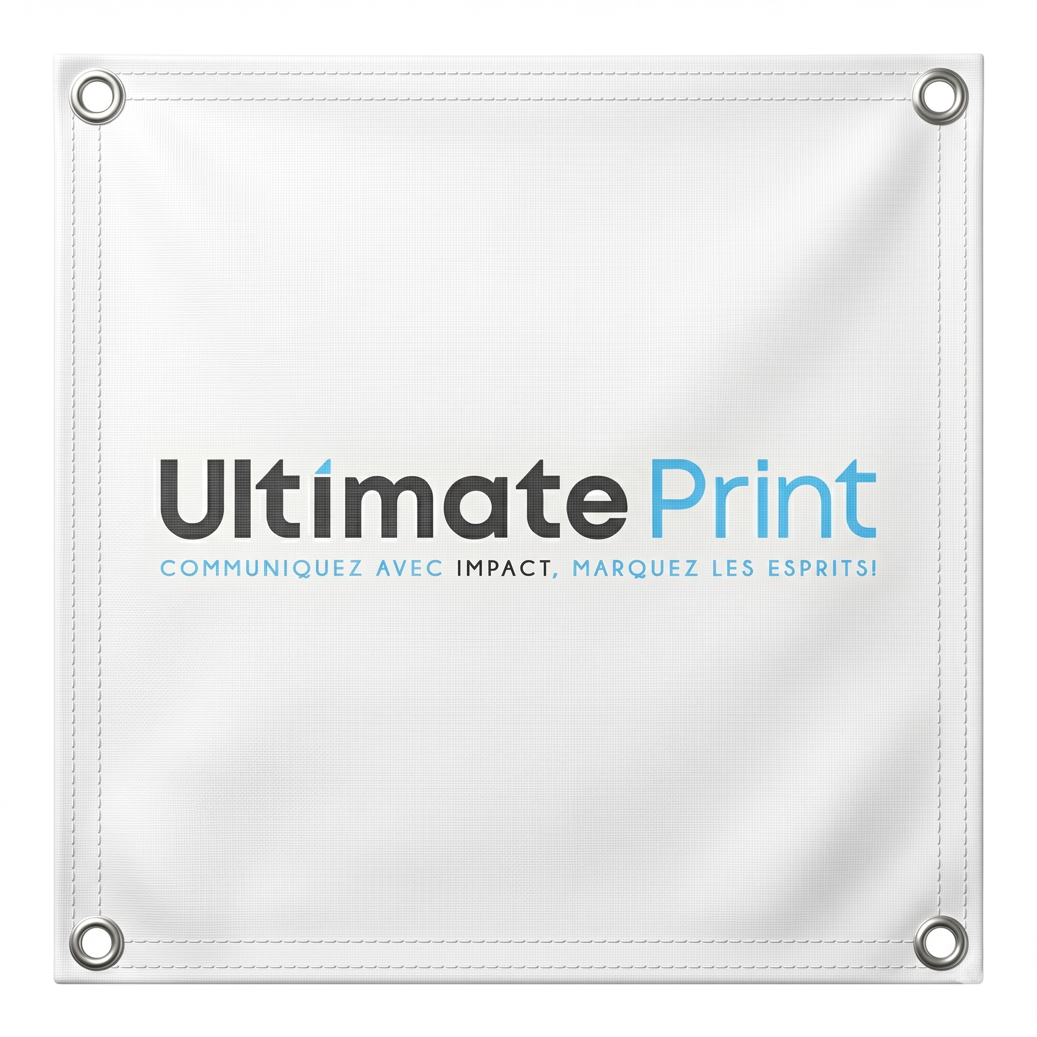 Illustration d'une bâche publicitaire avec oeillets aux quatre coins — service Ultimate Print