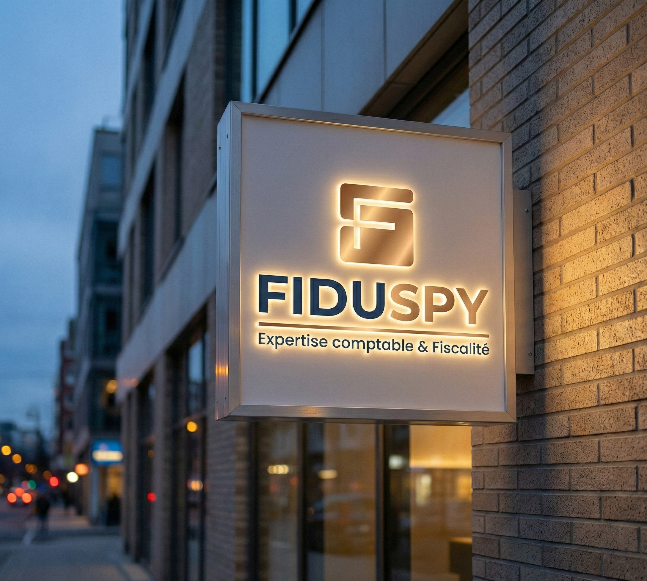 Caisson lumineux rétroéclairé réalisé pour Fiduspy — enseigne sur mesure Ultimate Print Belgique