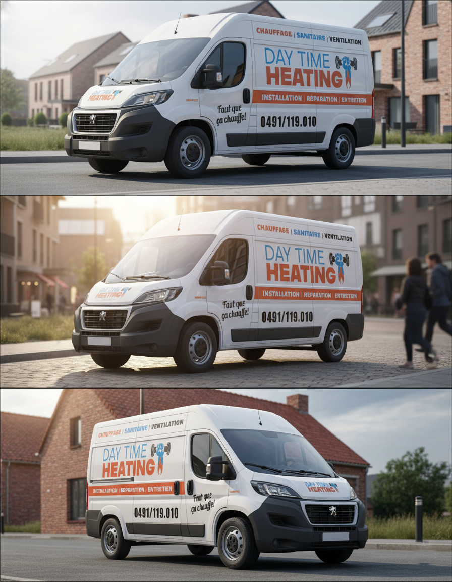 Lettrage adhésif sur camionnette pour Day Time Heating — marquage véhicule professionnel Ultimate Print Belgique