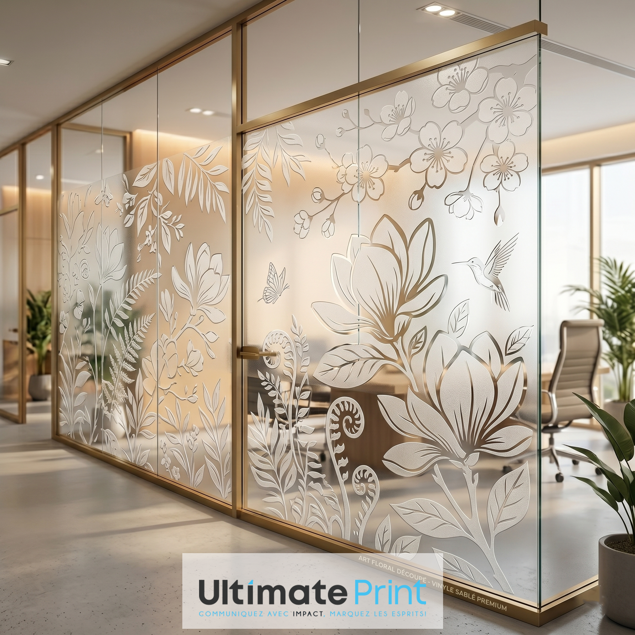 Réalisation Ultimate Print — film sablé décoratif à motifs floraux découpés sur cloisons vitrées de bureau