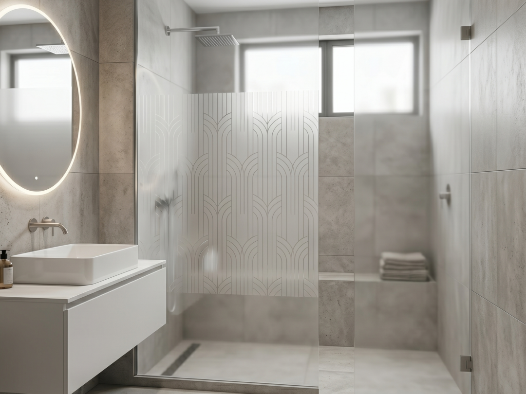 Film sablé décoratif motif Art Déco sur paroi de douche à Fleurus — Ultimate Print Charleroi