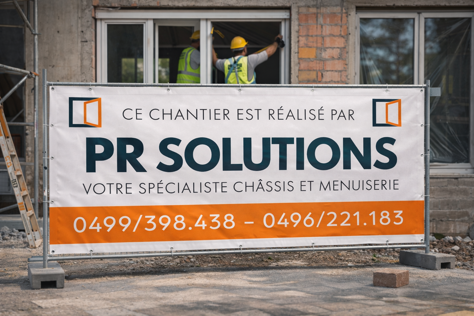 Bâche publicitaire grand format réalisée pour PR Solution — impression haute définition Ultimate Print Belgique