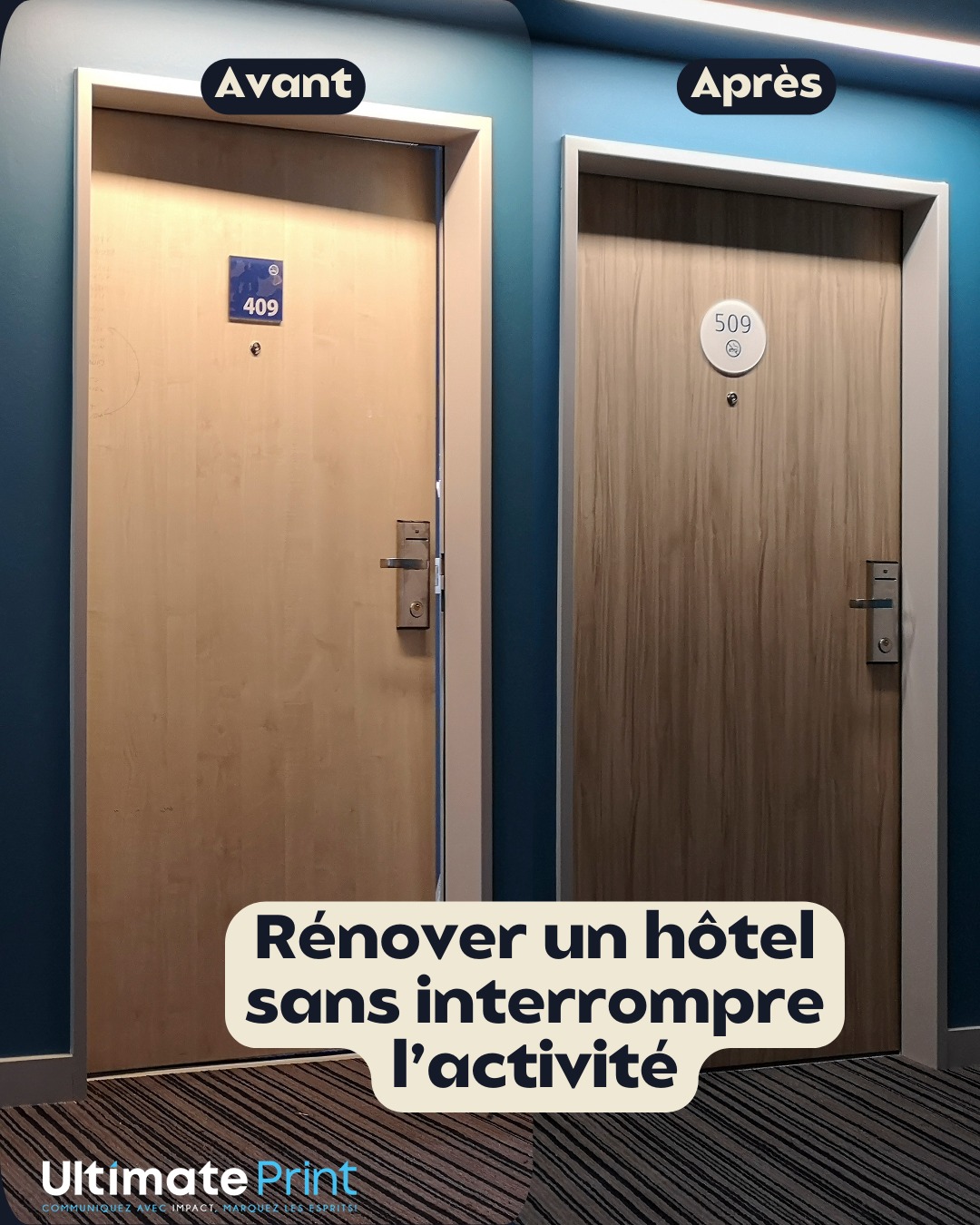 Covering portes hôtel avant après - Ultimate Print Belgique