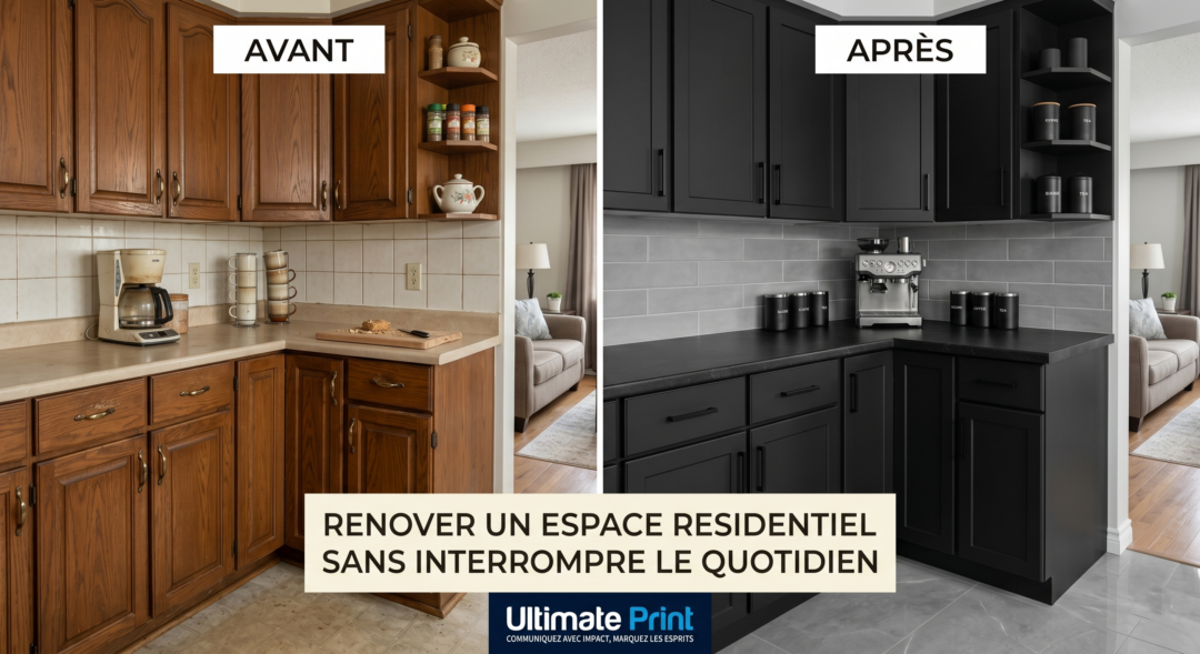 Avant/après rénovation cuisine équipée en noir matte par film adhésif covering — Ultimate Print Charleroi