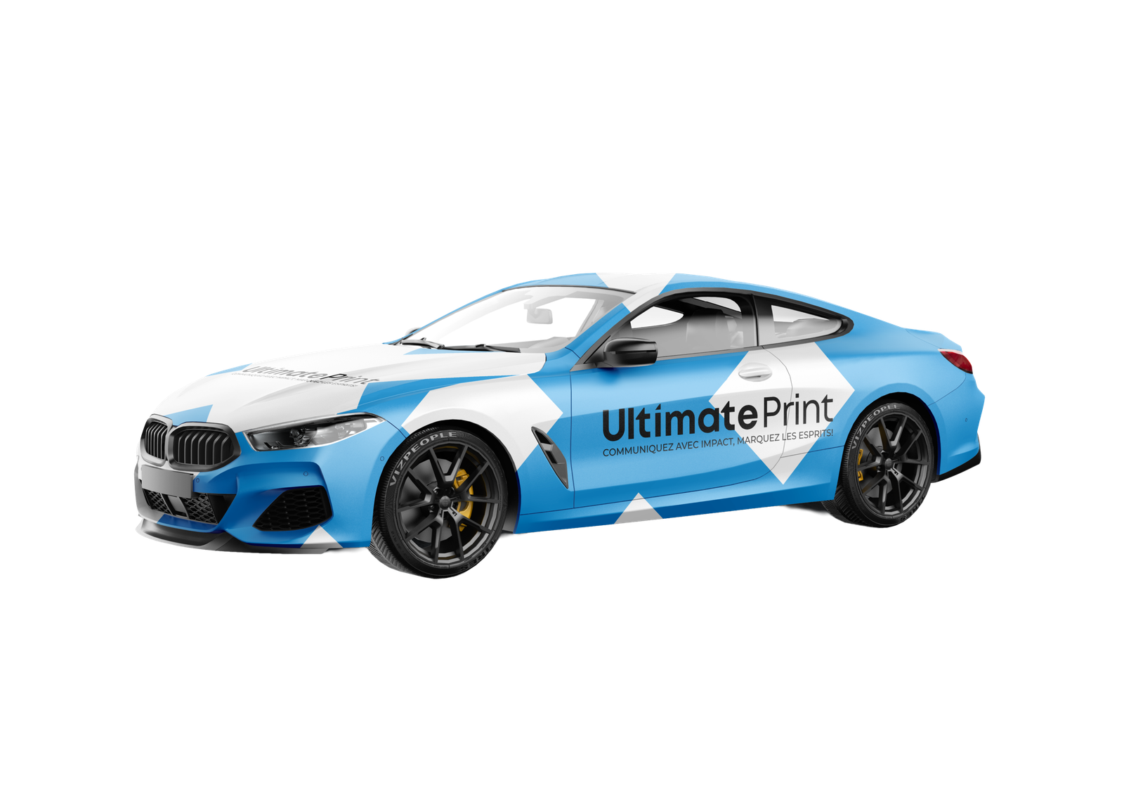 Covering bicolore bleu et blanc sur voiture sportive BMW Série 8 par Ultimate Print Charleroi