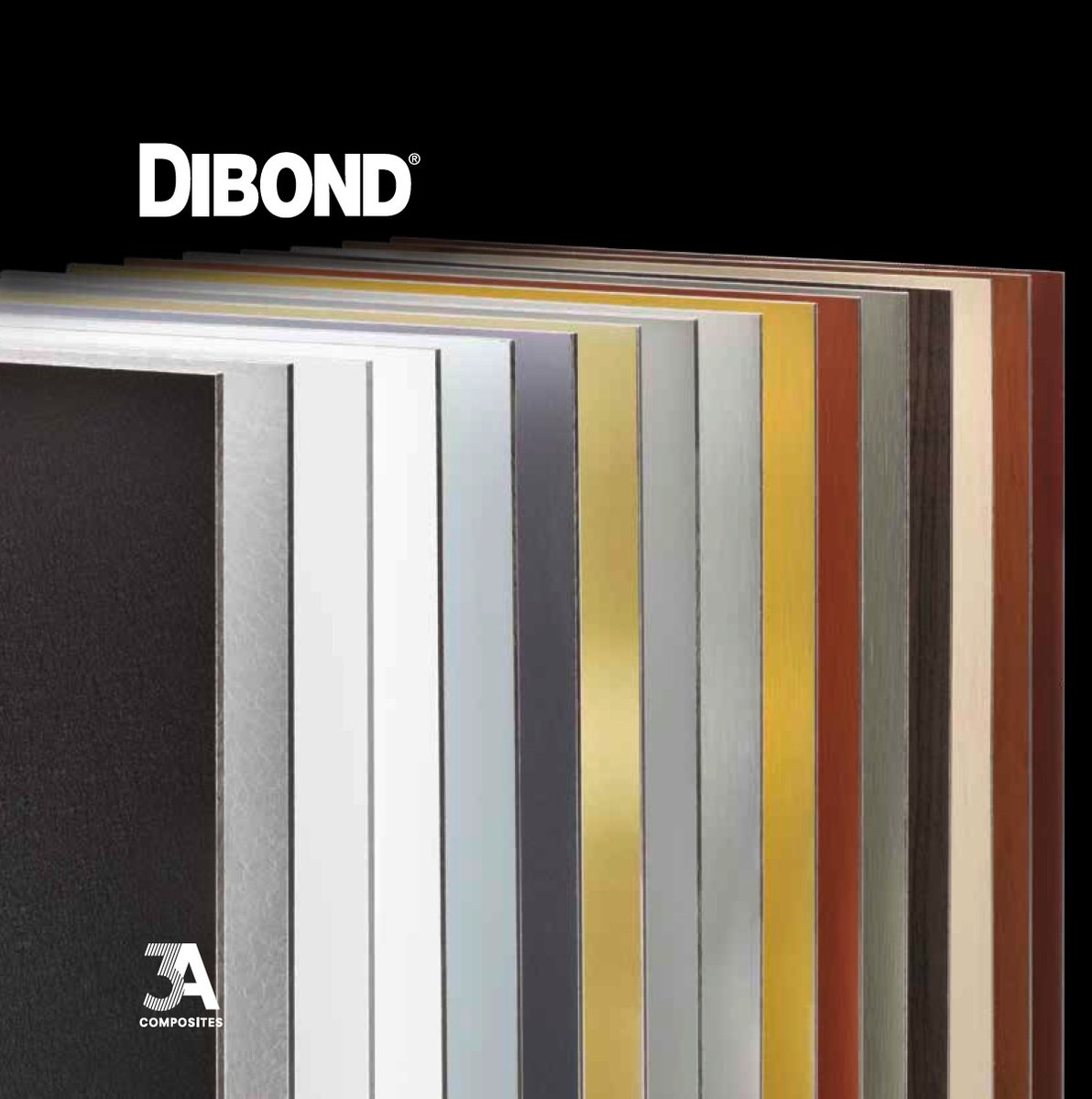 Gamme officielle des couleurs et finitions Alu Dibond 3A Composites - blanc, noir, alu brossé, or, cuivre, imitation bois - Ultimate Print Charleroi