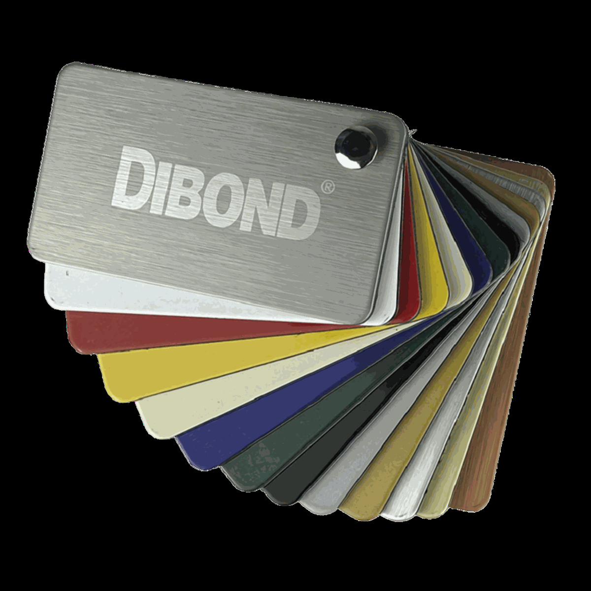 Nuancier officiel Alu Dibond en éventail - argent brossé, or, cuivre, blanc, noir, bleu, vert, rouge, marron, imitation bois - Ultimate Print Charleroi