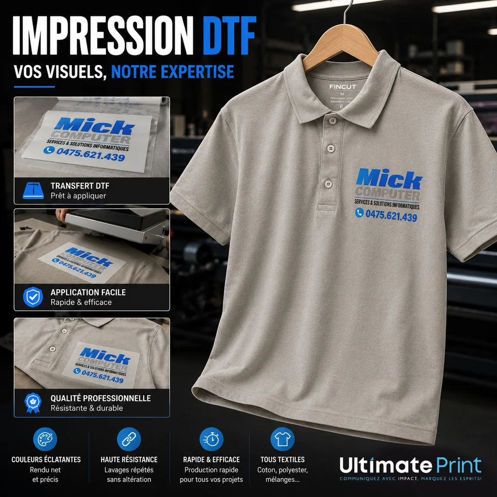 Impression DTF Mick Computer sur textile par Ultimate Print Charleroi — transfert numérique haute définition