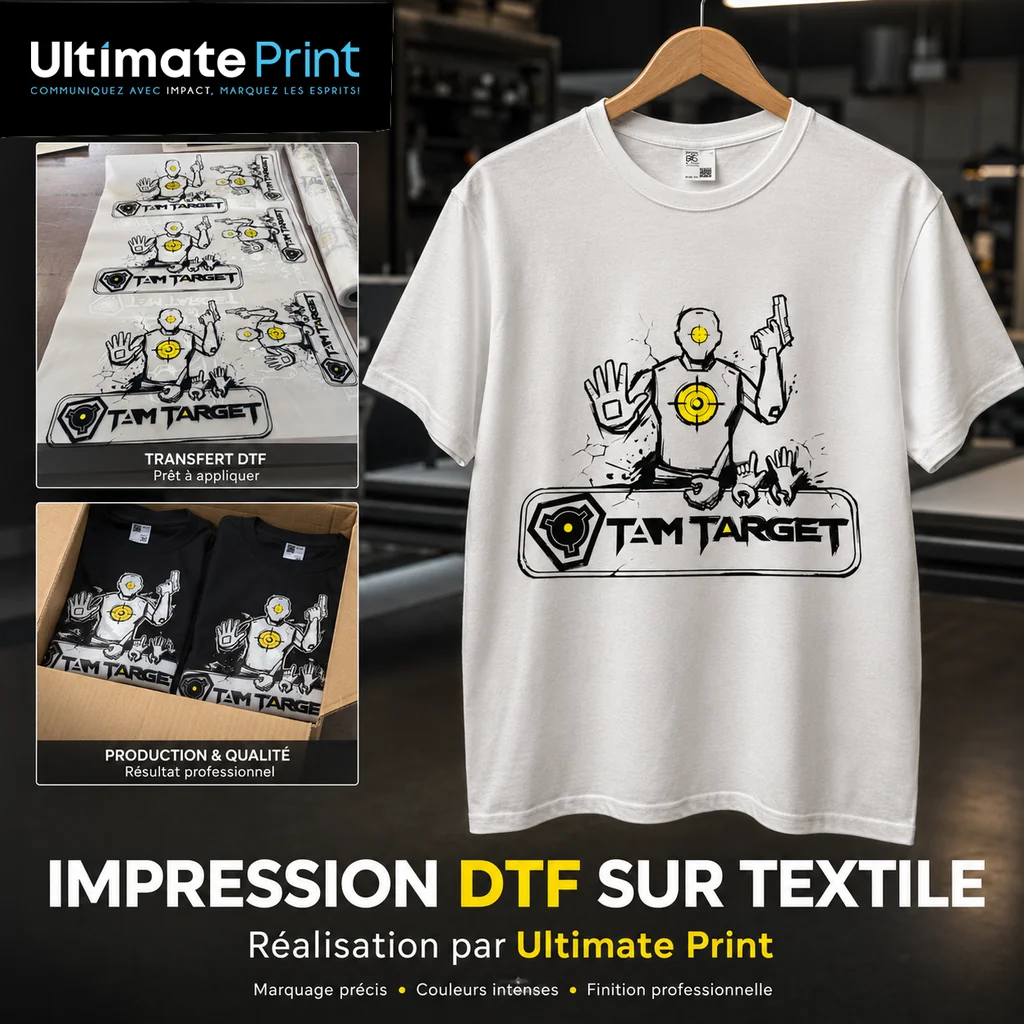 Impression DTF Tam Target sur textile par Ultimate Print Charleroi — transfert numérique haute définition