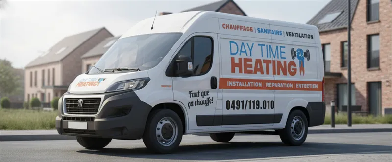 Lettrage camionnette Day Time Heating — Ultimate Print Charleroi